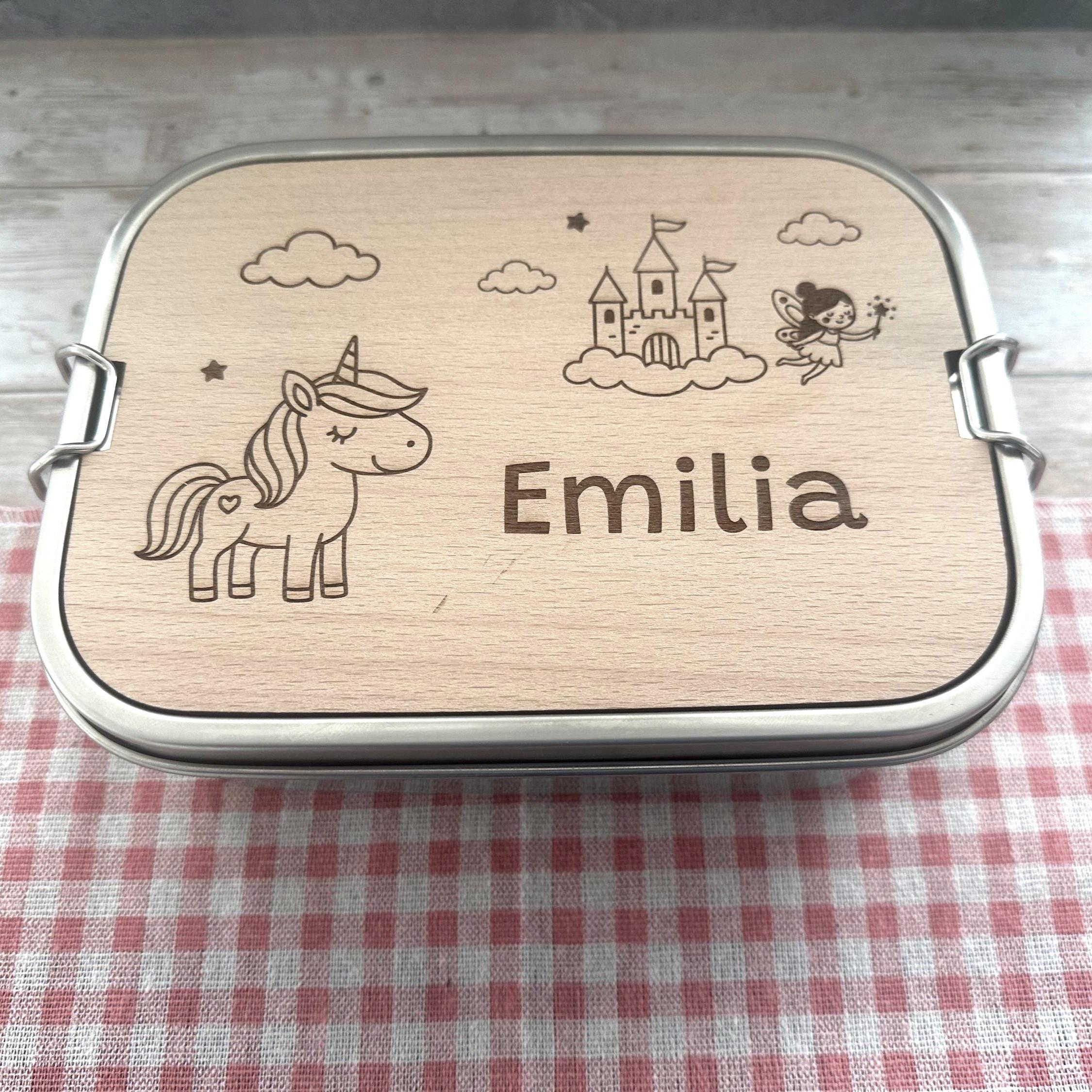 Personalisierte Brotdose Edelstahl, mit Namen, Einhorn, Schloss und Fee, wasserdicht mit Trennsteg & Schneidebrett, Geschenk für Kinder