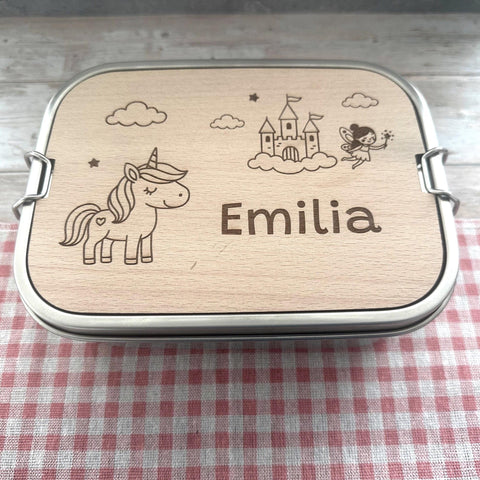 Personalisierte Brotdose Edelstahl, mit Namen,Einhorn, Schloss und Fee, wasserdicht mit Trennsteg & Schneidebrett, Geschenk Kinder