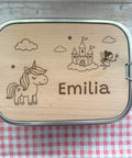 Personalisierte Brotdose Edelstahl, mit Namen,Einhorn, Schloss und Fee, wasserdicht mit Trennsteg & Schneidebrett, Geschenk Kinder