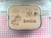 Personalisierte Brotdose Edelstahl, mit Namen, Einhorn, Schloss und Fee, wasserdicht mit Trennsteg & Schneidebrett, Geschenk für Kinder