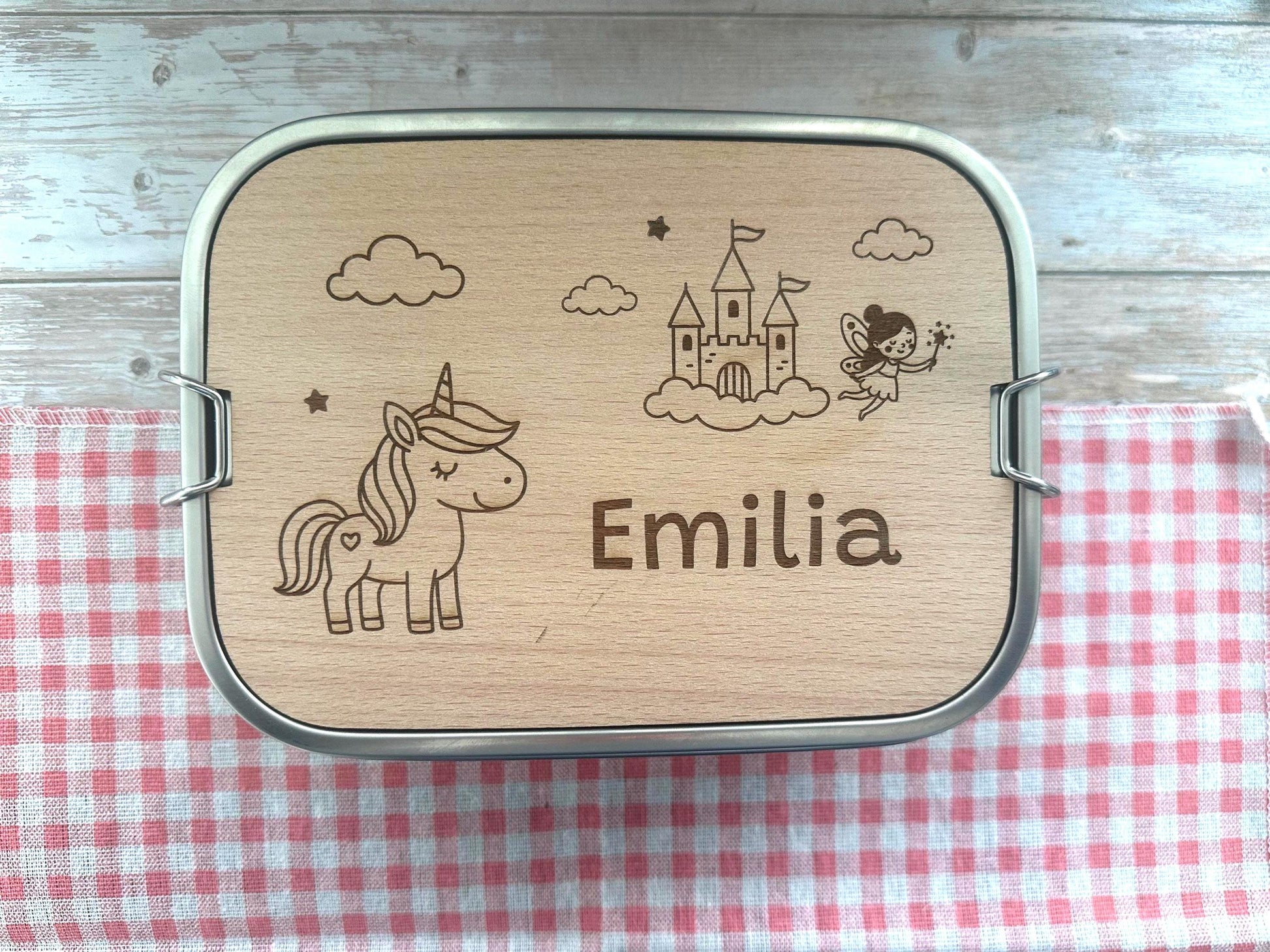 Personalisierte Brotdose Edelstahl, mit Namen,Einhorn, Schloss und Fee, wasserdicht mit Trennsteg & Schneidebrett, Geschenk Kinder