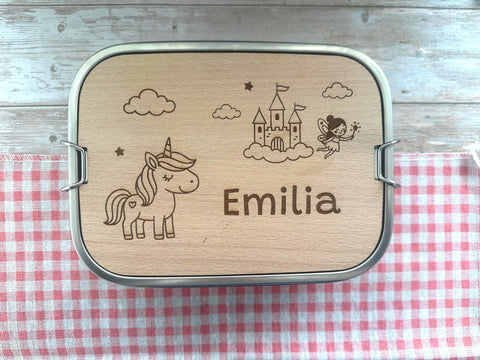 Personalisierte Brotdose Edelstahl, mit Namen,Einhorn, Schloss und Fee, wasserdicht mit Trennsteg & Schneidebrett, Geschenk Kinder