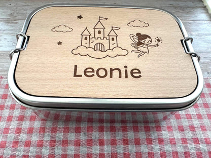 Personalisierte Brotdose Edelstahl, mit Namen, Märchen Schloss und Fee, wasserdicht mit Trennsteg & Schneidebrett, Geschenk Kinder