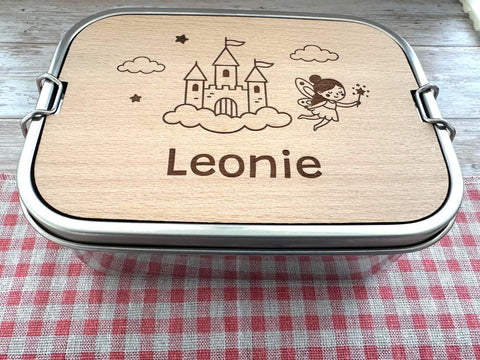 Personalisierte Brotdose Edelstahl, mit Namen, Märchen Schloss und Fee, wasserdicht mit Trennsteg & Schneidebrett, Geschenk Kinder