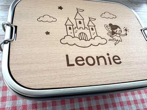 Personalisierte Brotdose Edelstahl, mit Namen, Märchen Schloss und Fee, wasserdicht mit Trennsteg & Schneidebrett, Geschenk Kinder