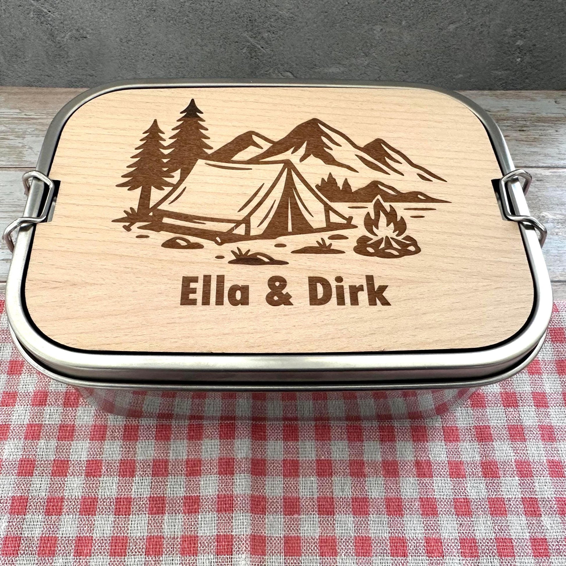 Personalisierte Brotdose Edelstahl, mit Namen, Outdoor & Camping, wasserdicht mit Trennsteg und Schneidebrett