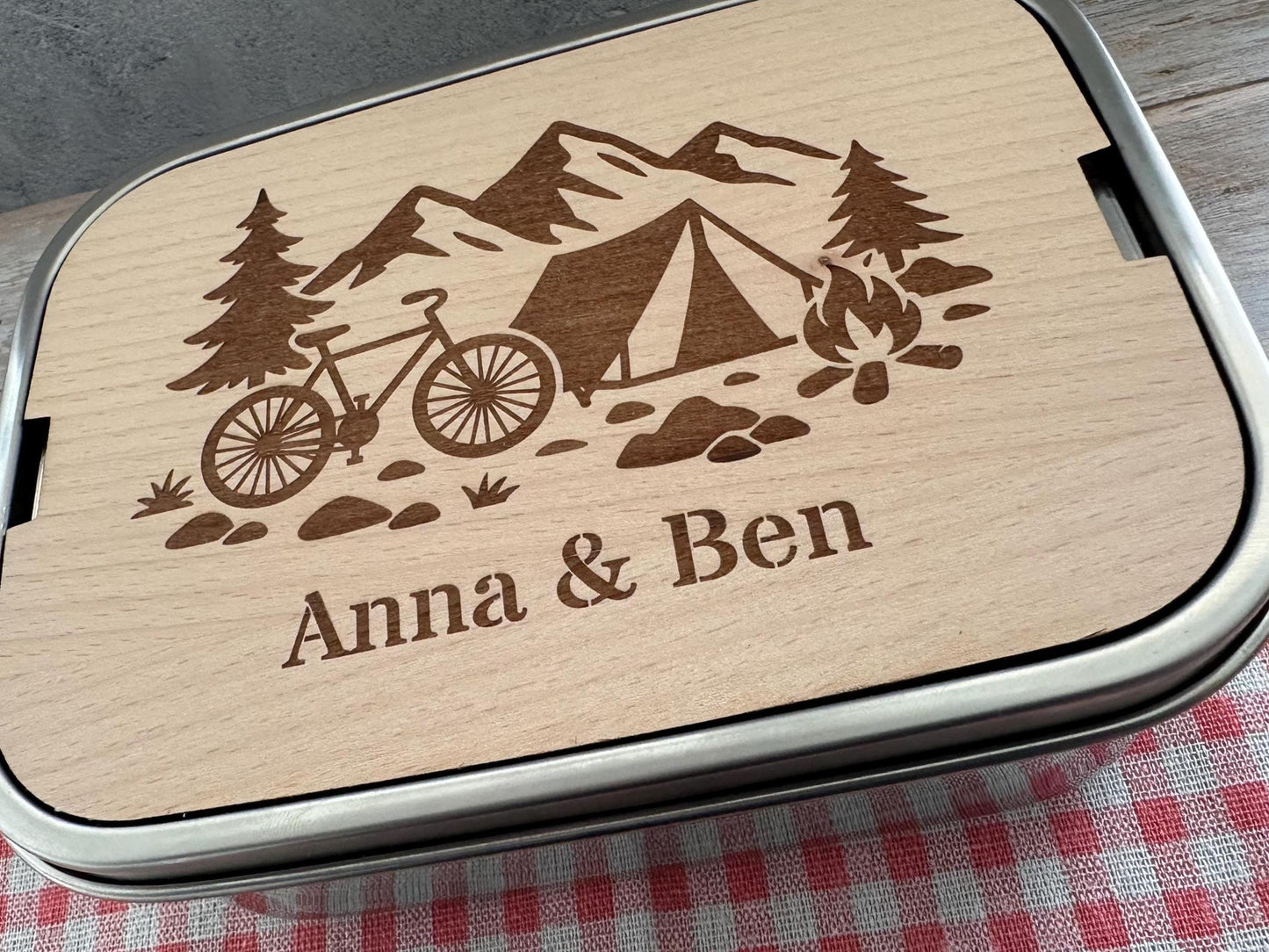 Personalisierte Brotdose Edelstahl, mit Namen, Outdoor & Camping, wasserdicht mit Trennsteg und Schneidebrett - Radfahrer