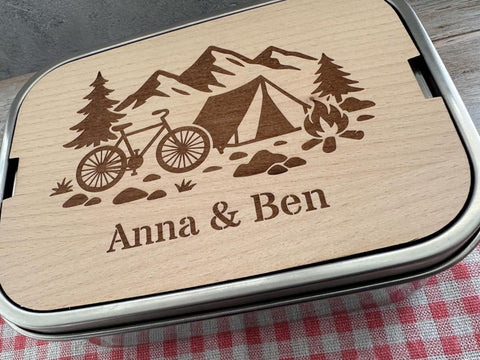 Personalisierte Brotdose Edelstahl, mit Namen, Outdoor & Camping, wasserdicht mit Trennsteg und Schneidebrett - Radfahrer