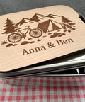 Personalisierte Brotdose Edelstahl, mit Namen, Outdoor & Camping, wasserdicht mit Trennsteg und Schneidebrett - Radfahrer
