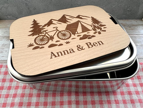 Personalisierte Brotdose Edelstahl, mit Namen, Outdoor & Camping, wasserdicht mit Trennsteg und Schneidebrett - Radfahrer