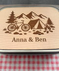Personalisierte Brotdose Edelstahl, mit Namen, Outdoor & Camping, wasserdicht mit Trennsteg und Schneidebrett - Radfahrer