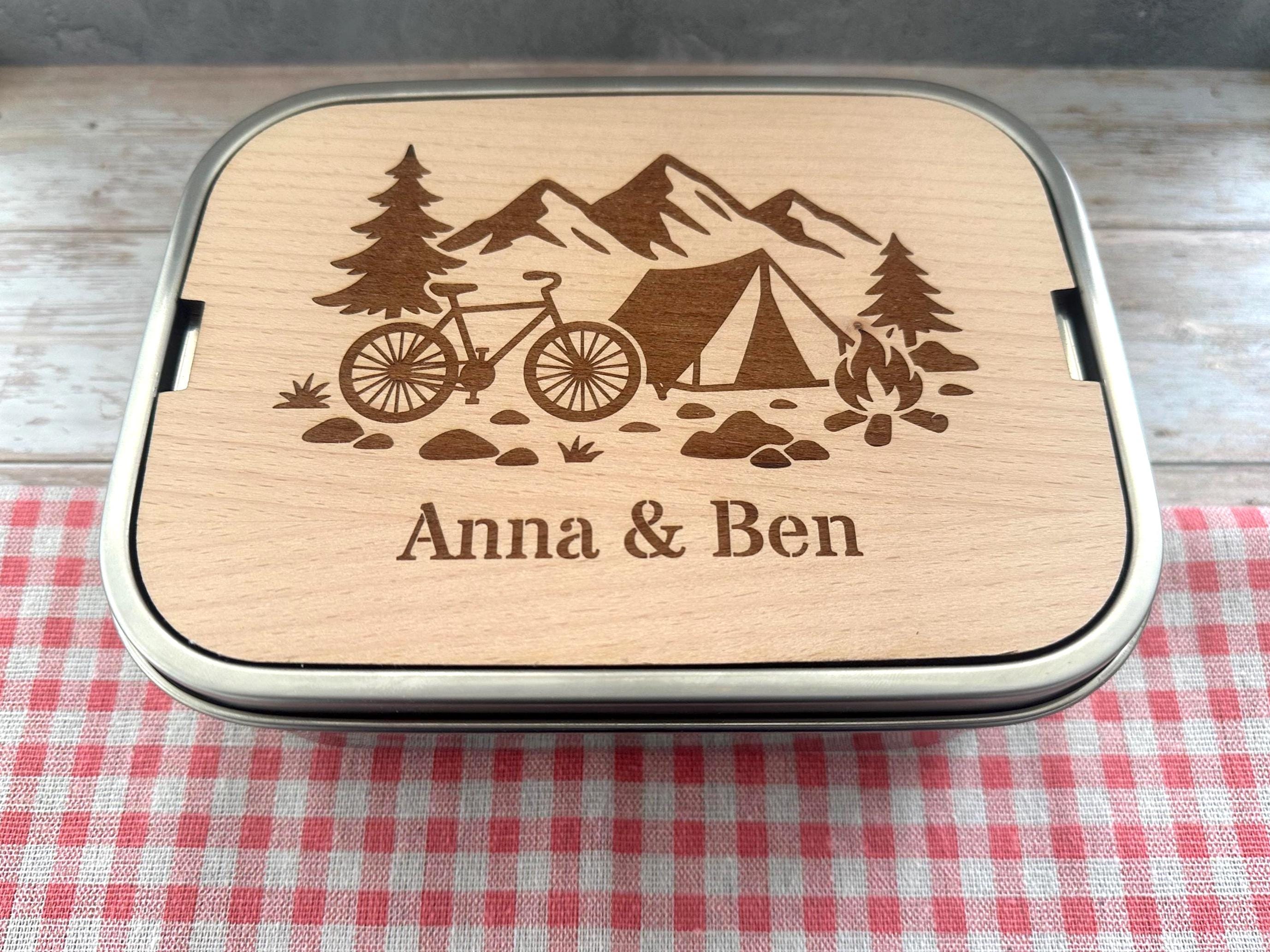 Personalisierte Brotdose Edelstahl, mit Namen, Outdoor & Camping, wasserdicht mit Trennsteg und Schneidebrett - Radfahrer