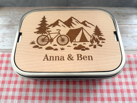 Personalisierte Brotdose Edelstahl, mit Namen, Outdoor & Camping, wasserdicht mit Trennsteg und Schneidebrett - Radfahrer