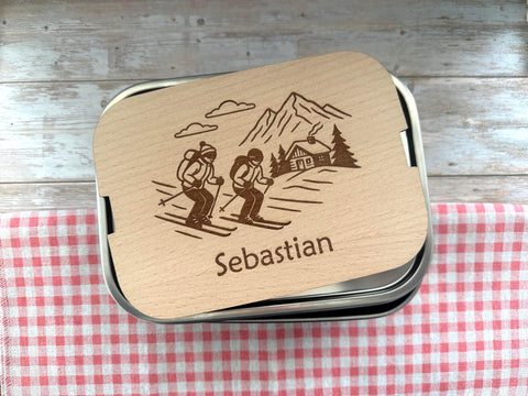 Personalisierte Brotdose Edelstahl, mit Namen, Outdoor & Skifahren, wasserdicht mit Trennsteg und Schneidebrett - Skifahrer