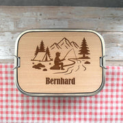 Personalisierte Brotdose Edelstahl, mit Namen, Angeln & Outdoor, wasserdicht mit Trennsteg und Schneidebrett - Angeln und Fischen
