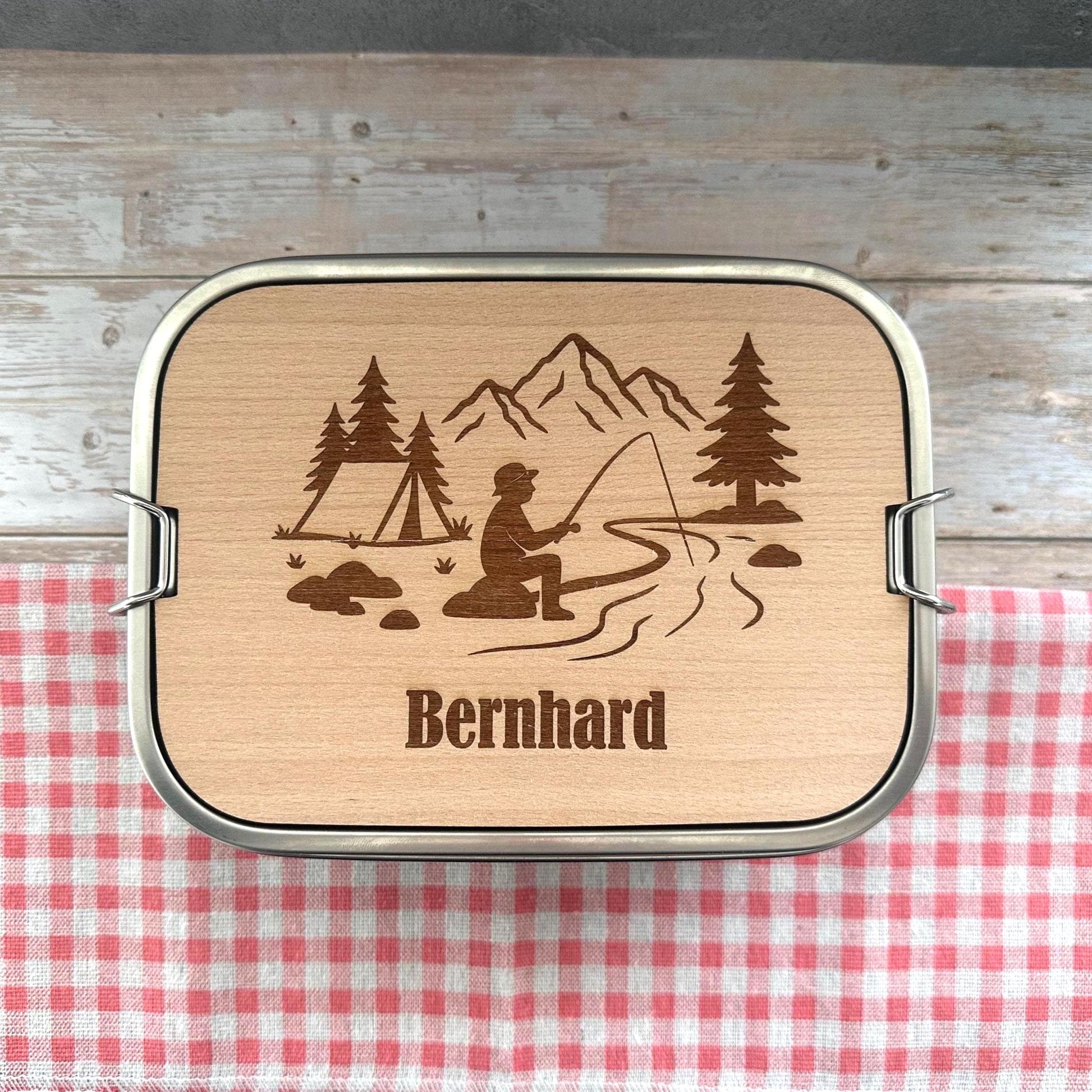 Personalisierte Brotdose Edelstahl, mit Namen, Angeln & Outdoor, wasserdicht mit Trennsteg und Schneidebrett - Angeln und Fischen