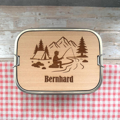 Personalisierte Brotdose Edelstahl, mit Namen, Angeln & Outdoor, wasserdicht mit Trennsteg und Schneidebrett - Angeln und Fischen