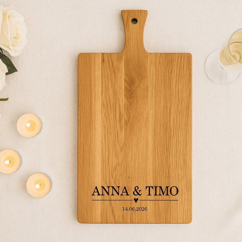 Personalisiertes Schneidebrett Eiche – Hochzeitsgeschenk mit Gravur Name & Datum – Geschenkidee Brautpaar individuell