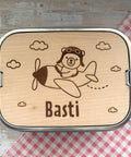 Personalisierte Brotdose Edelstahl, mit Namen, Flugzeug Bärenmotiv, wasserdicht, BPA-frei, mit Trennsteg & Schneidebrett, Geschenk Kinder