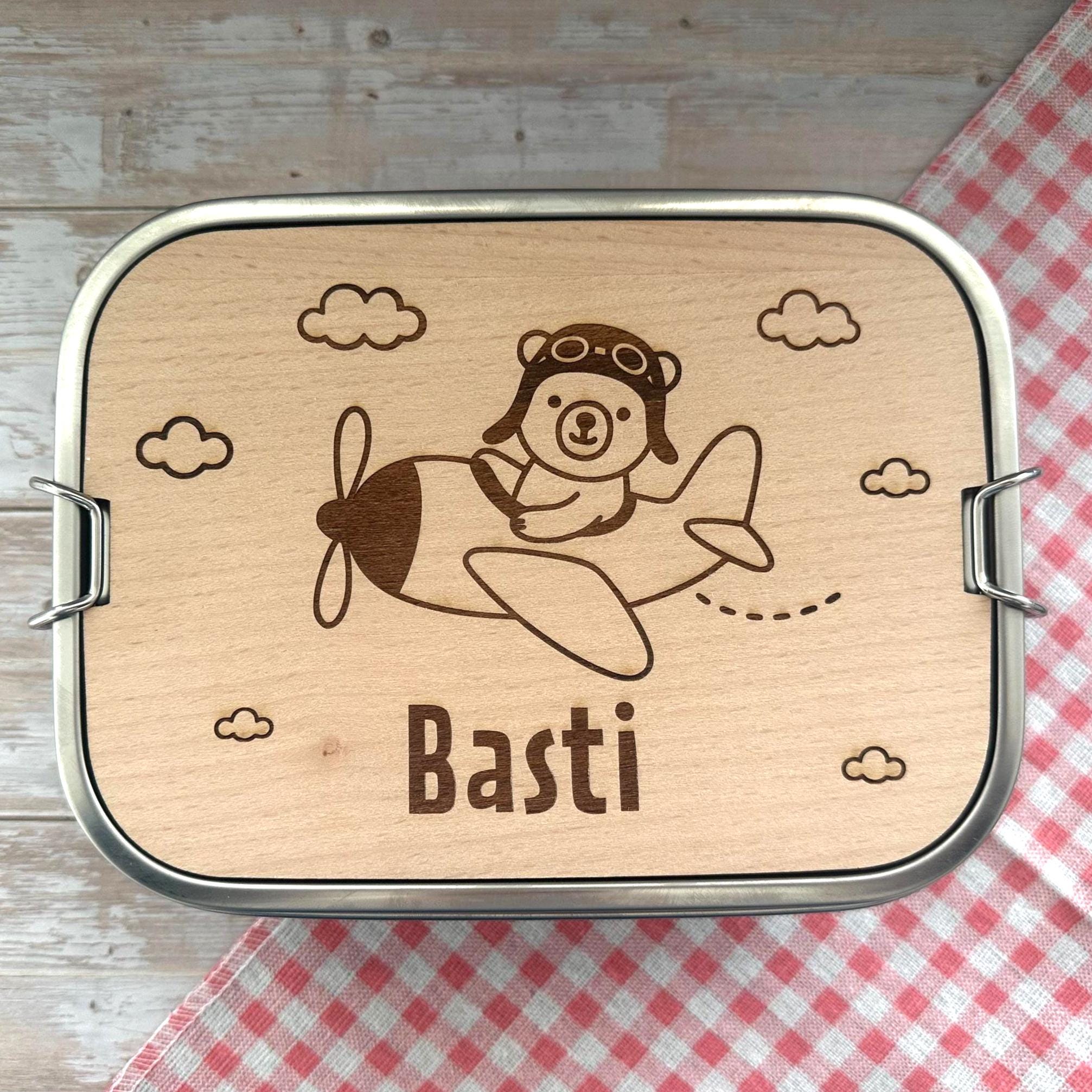 Personalisierte Brotdose Edelstahl, mit Namen, Flugzeug-Bärenmotiv, wasserdicht, BPA-frei, mit Trennsteg & Schneidebrett, Geschenk für Kinder