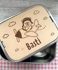 Personalisierte Brotdose Edelstahl, mit Namen, Flugzeug Bärenmotiv, wasserdicht, BPA-frei, mit Trennsteg & Schneidebrett, Geschenk Kinder