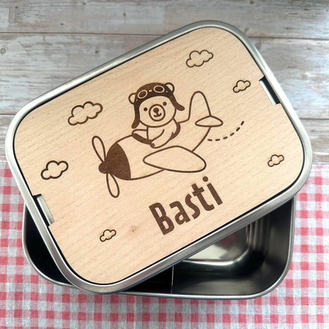 Personalisierte Brotdose Edelstahl, mit Namen, Flugzeug Bärenmotiv, wasserdicht, BPA-frei, mit Trennsteg & Schneidebrett, Geschenk Kinder