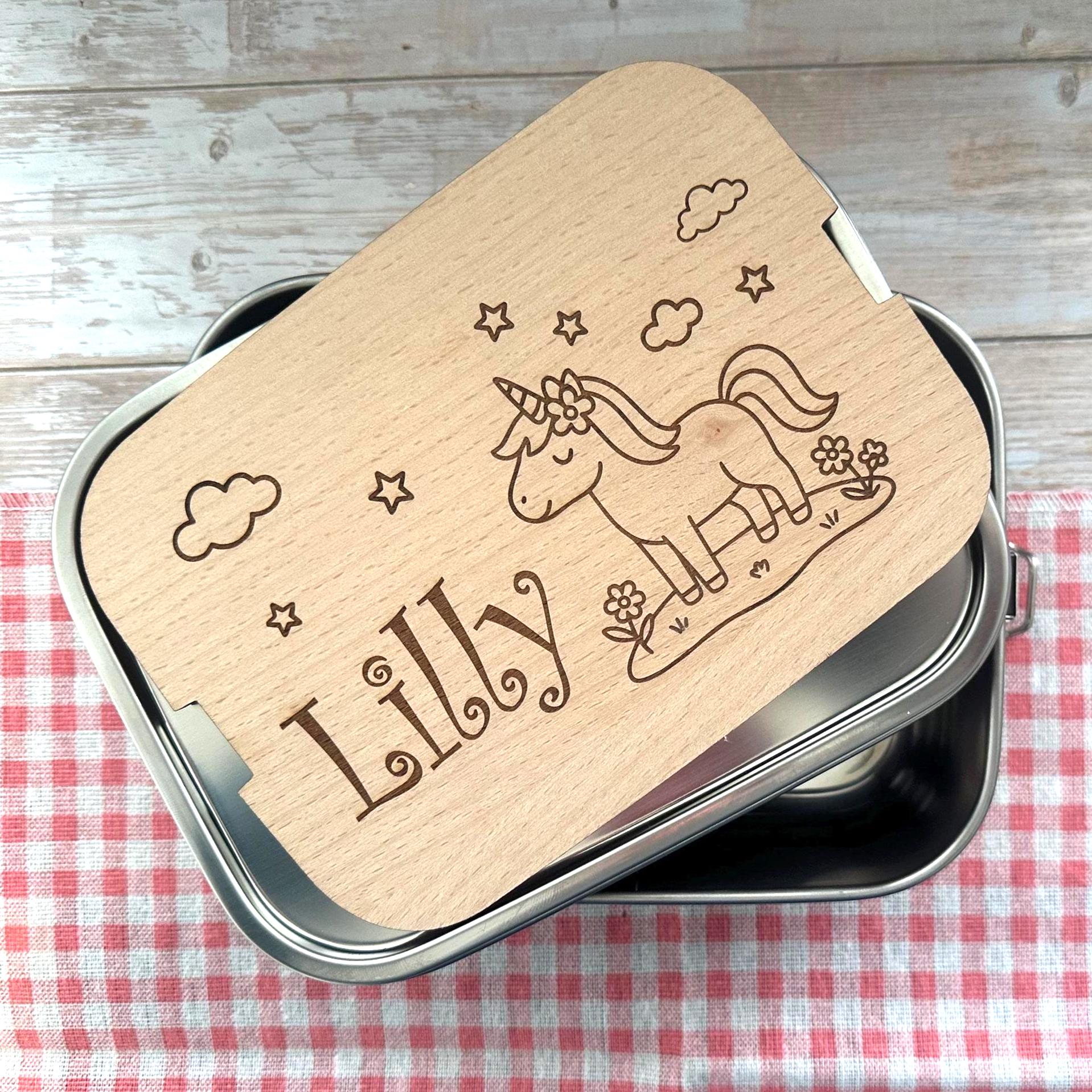 Personalisierte Brotdose Edelstahl, mit Namen, Einhorn, wasserdicht, BPA-frei, mit Trennsteg & Schneidebrett, Geschenk für Kinder