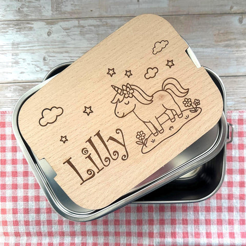 Personalisierte Brotdose Edelstahl, mit Namen, Einhorn, wasserdicht, BPA-frei, mit Trennsteg & Schneidebrett, Geschenk Kinder