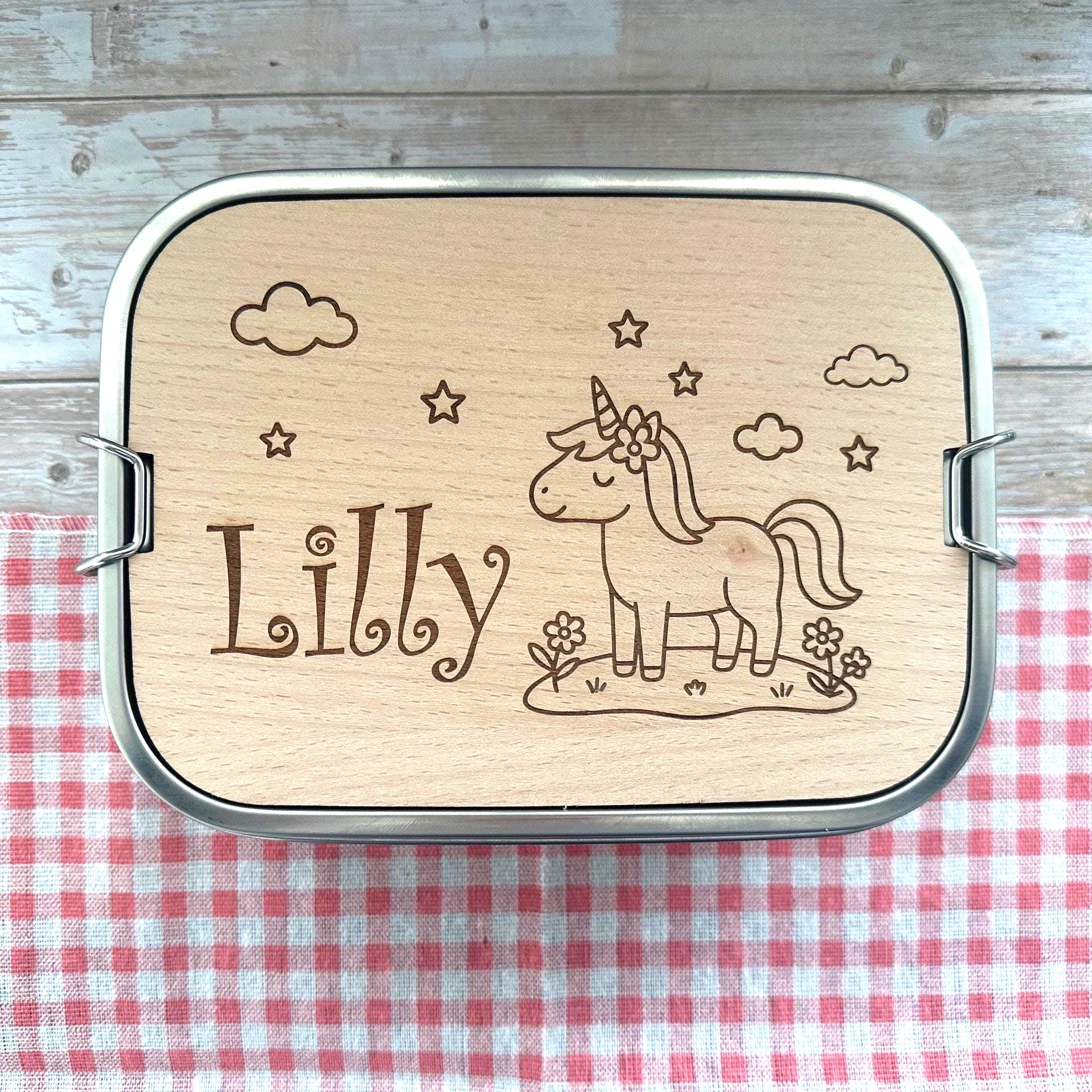 Personalisierte Brotdose Edelstahl, mit Namen, Einhorn, wasserdicht, BPA-frei, mit Trennsteg & Schneidebrett, Geschenk für Kinder