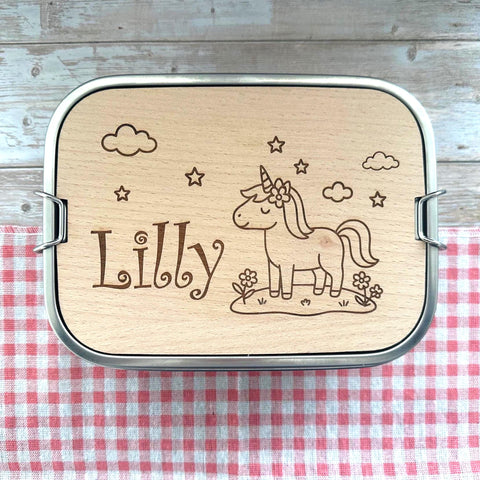 Personalisierte Brotdose Edelstahl, mit Namen, Einhorn, wasserdicht, BPA-frei, mit Trennsteg & Schneidebrett, Geschenk Kinder