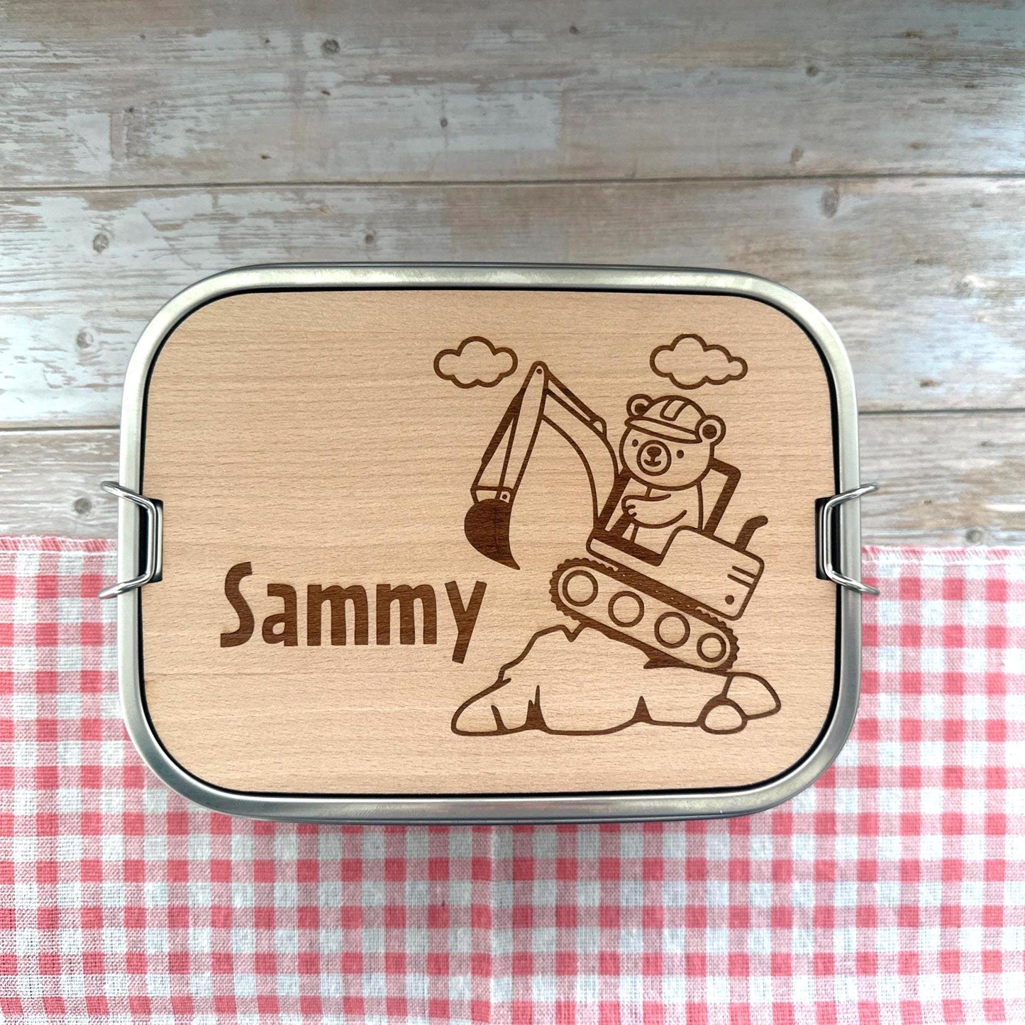 Personalisierte Brotdose Edelstahl mit Namen, Bagger Bärenmotiv, wasserdicht, BPA-frei, mit Trennsteg & Schneidebrett, Geschenk Kinder