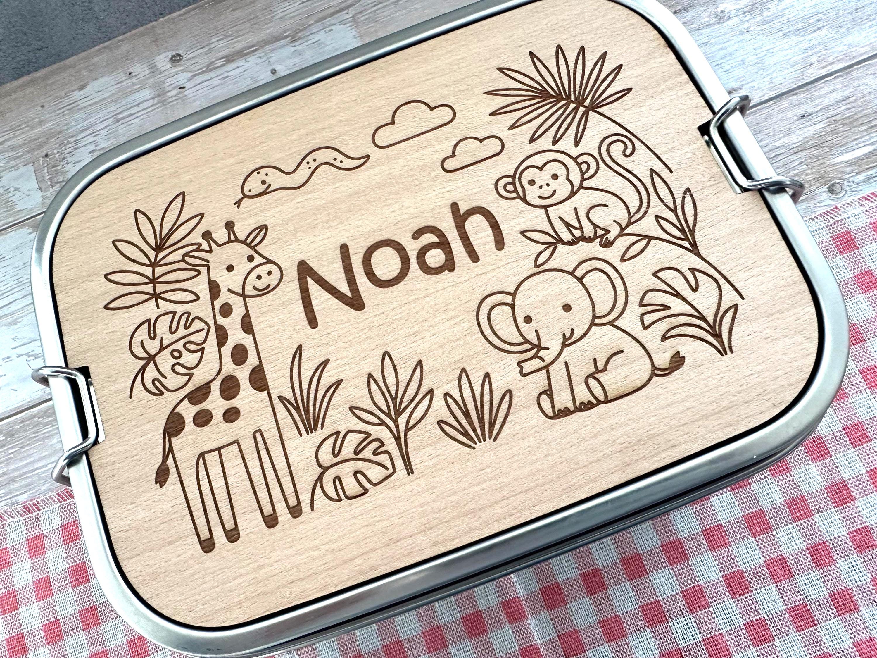 Personalisierte Brotdose Edelstahl, mit Namen, Tierwelt, wasserdicht, BPA-frei, mit Trennsteg & Schneidebrett, Geschenk für Kinder