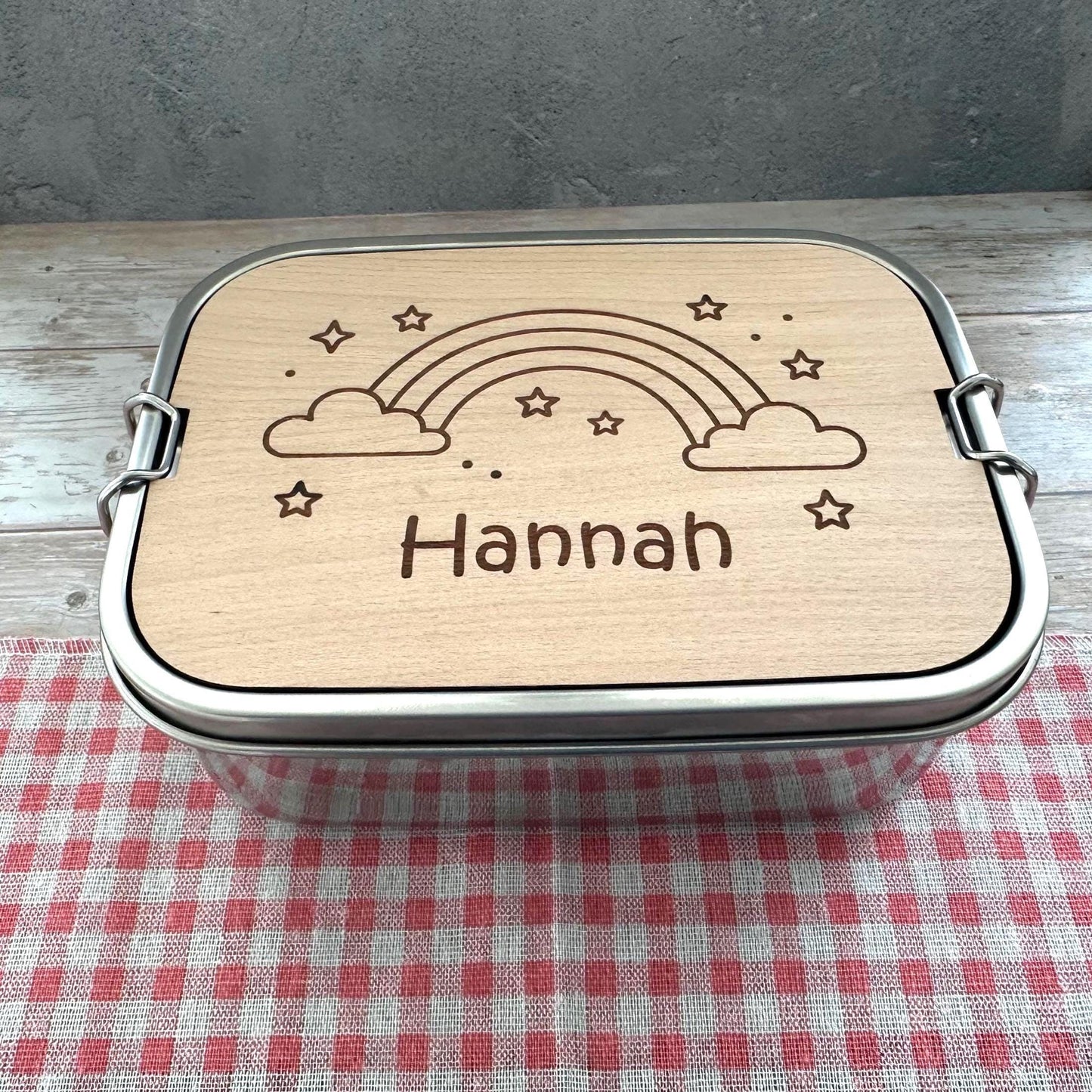 Personalisierte Brotdose Edelstahl, mit Namen, Regenbogen, wasserdicht, BPA-frei, mit Trennsteg & Schneidebrett, Geschenk Kinder