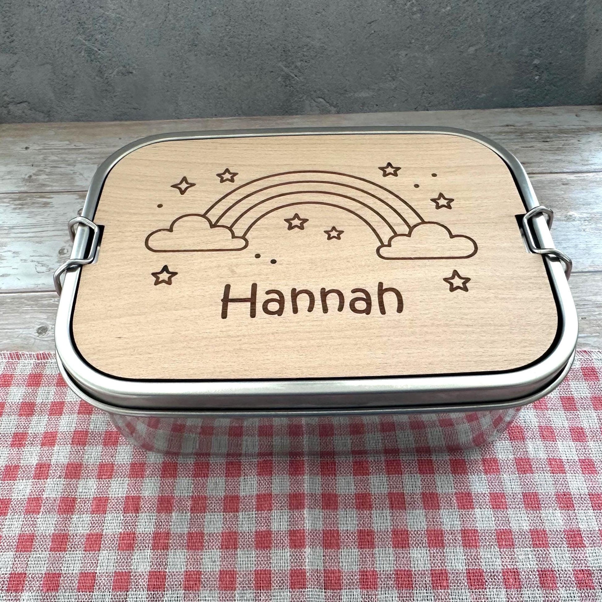 Personalisierte Brotdose Edelstahl, mit Namen, Regenbogen, wasserdicht, BPA-frei, mit Trennsteg & Schneidebrett, Geschenk Kinder