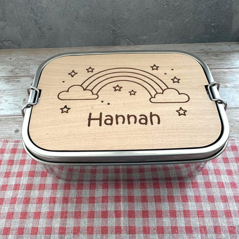 Personalisierte Brotdose Edelstahl, mit Namen, Regenbogen, wasserdicht, BPA-frei, mit Trennsteg & Schneidebrett, Geschenk Kinder
