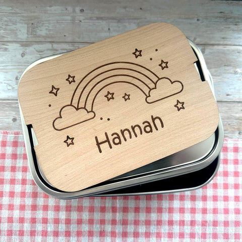 Personalisierte Brotdose Edelstahl, mit Namen, Regenbogen, wasserdicht, BPA-frei, mit Trennsteg & Schneidebrett, Geschenk Kinder
