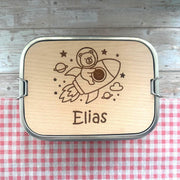 Personalisierte Brotdose Edelstahl, mit Namen, Rakete Weltraum, wasserdicht, BPA-frei, mit Trennsteg & Schneidebrett, Geschenk für Kinder