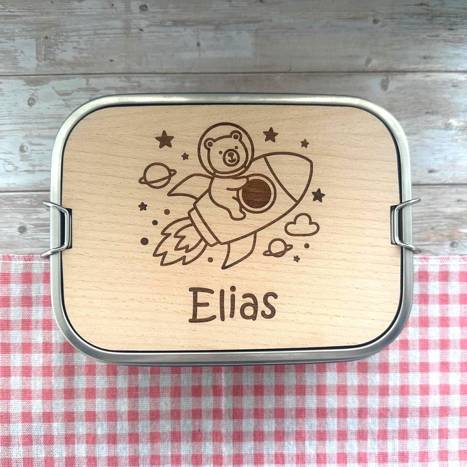 Personalisierte Brotdose Edelstahl, mit Namen, Rakete Weltraum, wasserdicht, BPA-frei, mit Trennsteg & Schneidebrett, Geschenk Kinder