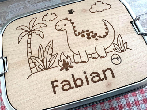 Personalisierte Brotdose Edelstahl, mit Namen, Dino, Dinosaurier, wasserdicht, BPA-frei, mit Trennsteg & Schneidebrett, Geschenk Kinder
