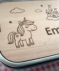Personalisierte Brotdose Edelstahl, mit Namen,Einhorn, Schloss und Fee, wasserdicht mit Trennsteg & Schneidebrett, Geschenk Kinder