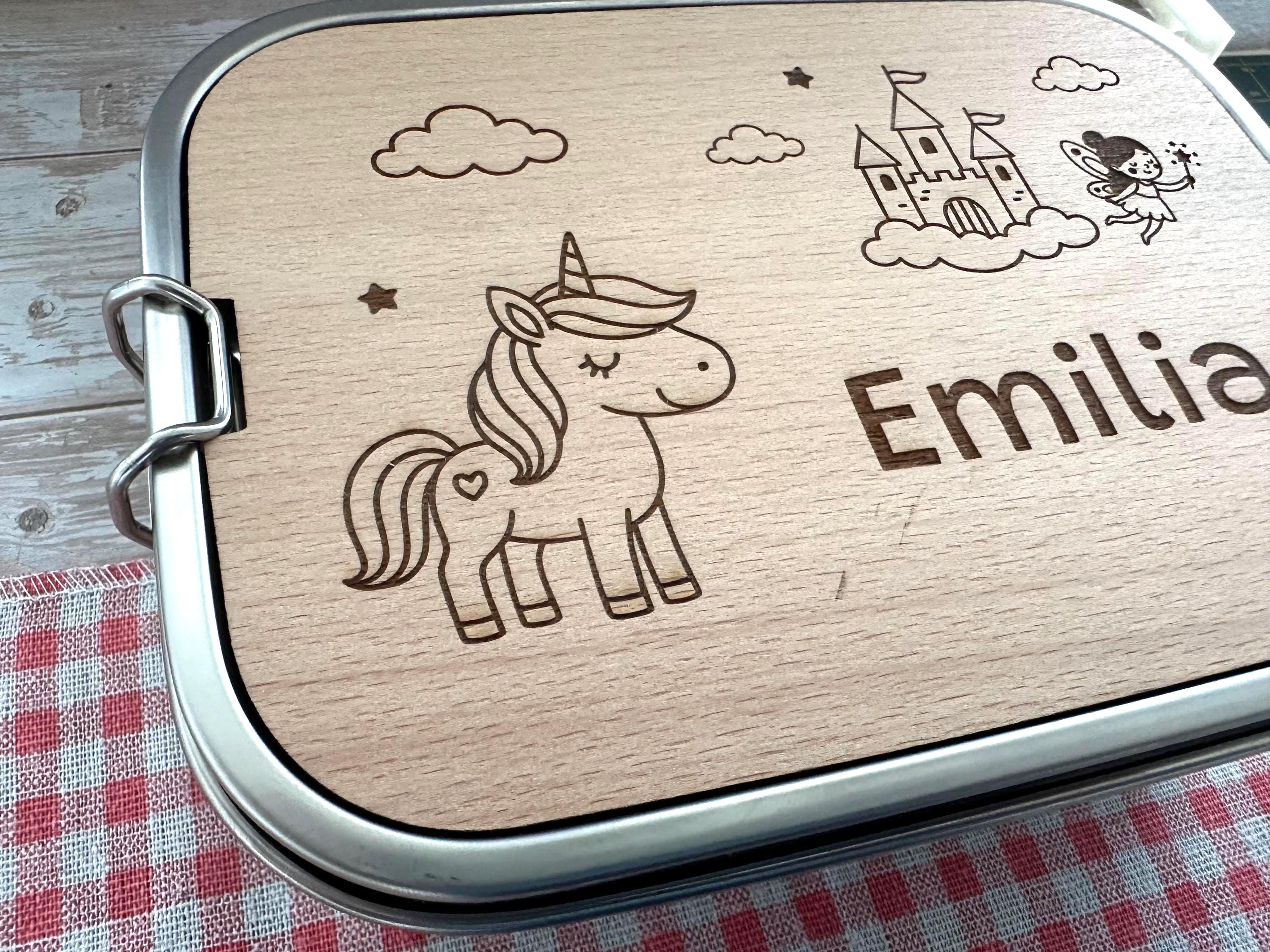 Personalisierte Brotdose Edelstahl, mit Namen, Einhorn, Schloss und Fee, wasserdicht mit Trennsteg & Schneidebrett, Geschenk für Kinder