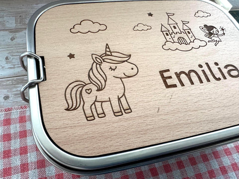 Personalisierte Brotdose Edelstahl, mit Namen,Einhorn, Schloss und Fee, wasserdicht mit Trennsteg & Schneidebrett, Geschenk Kinder