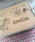 Personalisierte Brotdose Edelstahl, mit Namen,Einhorn, Schloss und Fee, wasserdicht mit Trennsteg & Schneidebrett, Geschenk Kinder