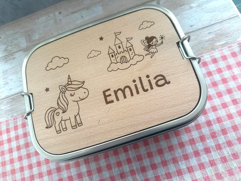 Personalisierte Brotdose Edelstahl, mit Namen,Einhorn, Schloss und Fee, wasserdicht mit Trennsteg & Schneidebrett, Geschenk Kinder