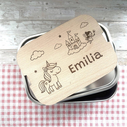 Personalisierte Brotdose Edelstahl, mit Namen,Einhorn, Schloss und Fee, wasserdicht mit Trennsteg & Schneidebrett, Geschenk Kinder