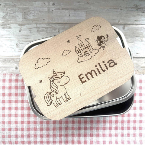 Personalisierte Brotdose Edelstahl, mit Namen,Einhorn, Schloss und Fee, wasserdicht mit Trennsteg & Schneidebrett, Geschenk Kinder