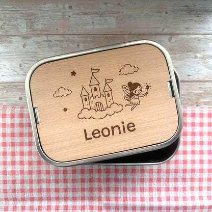 Personalisierte Brotdose Edelstahl, mit Namen, Märchen Schloss und Fee, wasserdicht mit Trennsteg & Schneidebrett, Geschenk Kinder