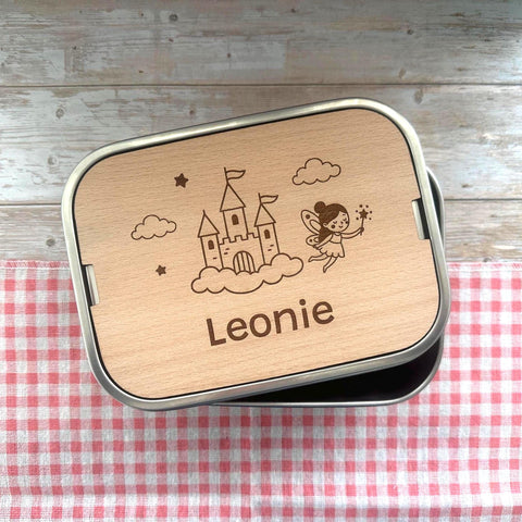 Personalisierte Brotdose Edelstahl, mit Namen, Märchen Schloss und Fee, wasserdicht mit Trennsteg & Schneidebrett, Geschenk Kinder
