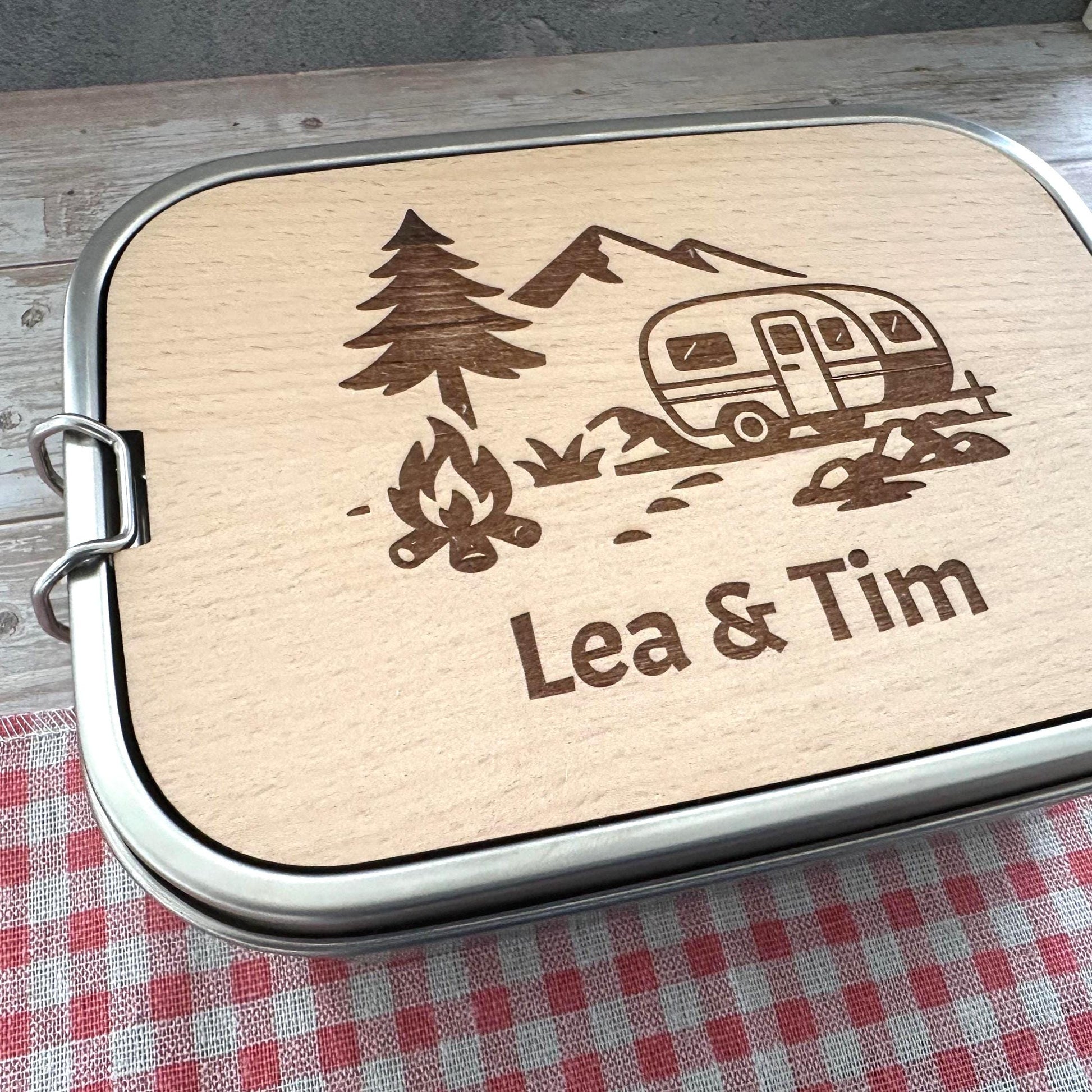 Personalisierte Brotdose Edelstahl, mit Namen, Outdoor & Camping, wasserdicht mit Trennsteg und Schneidebrett – Vanlife