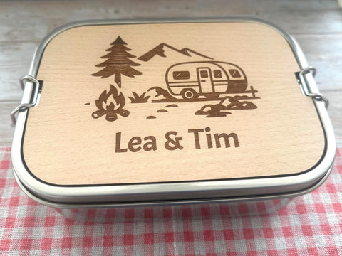 Personalisierte Brotdose Edelstahl, mit Namen, Outdoor & Camping, wasserdicht mit Trennsteg und Schneidebrett – Vanlife